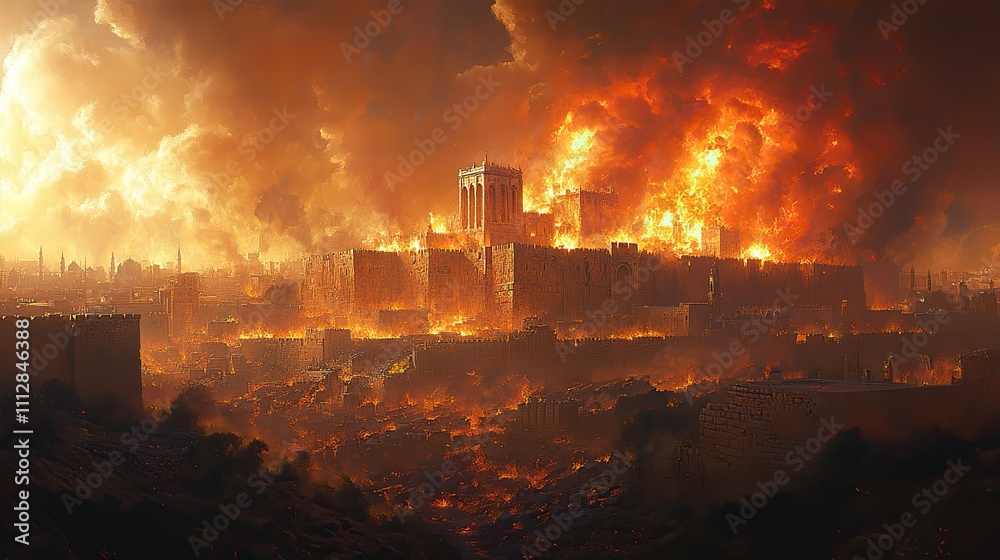 Obraz premium tisha brav the destruction of the temple of jerusalem the holy city of jerusalem succumbs to fire and chaos as the temple is razed digital illustration