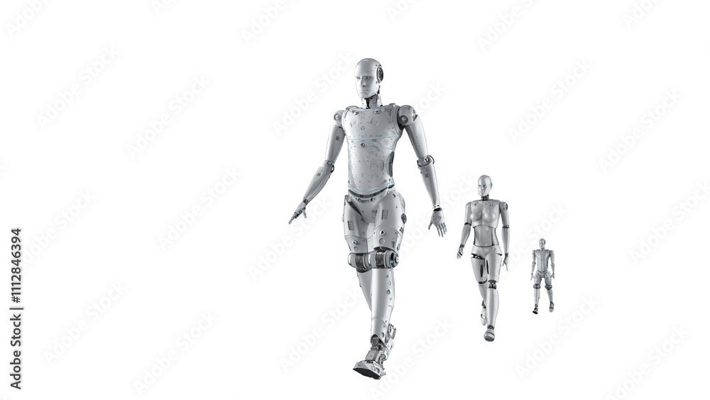 Concept for technological advancement featuring a 3D-rendered group of walking transparent background Concept for technological advancement featuring a 3D-rendered group of walking transparent background