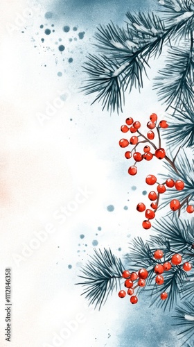Winter landscape with pine branches and red berries set against a snowy backg...
