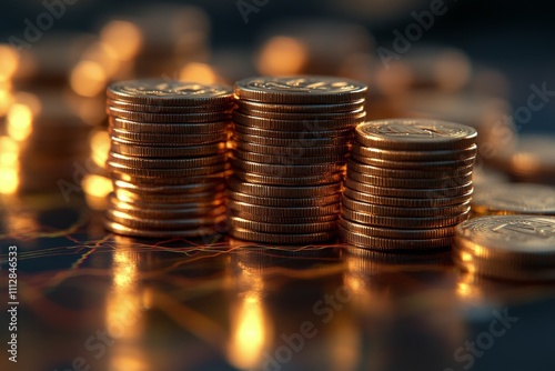 Stacks of coins shimmering with orange glow in a digital trading environment