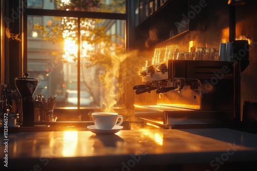 Coffee cup pouring liquid with splashes in a cozy urban cafe during the evening