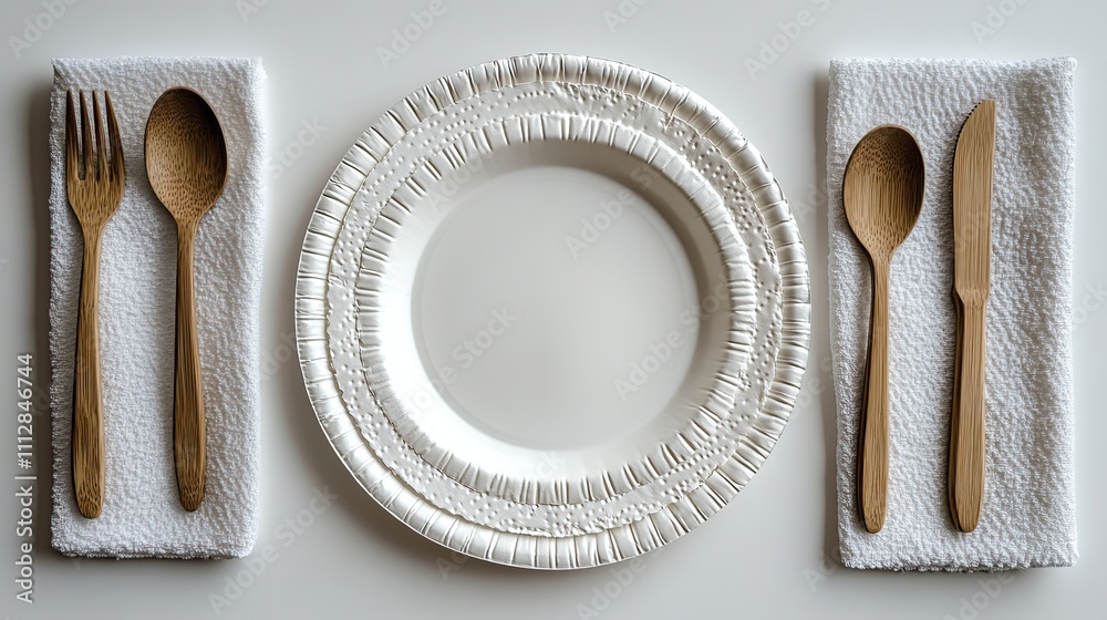 towel fork spoon and disposable white plastic plate isolated on a white backgroun towel fork spoon and disposable white plastic plate isolated on a white backgroun