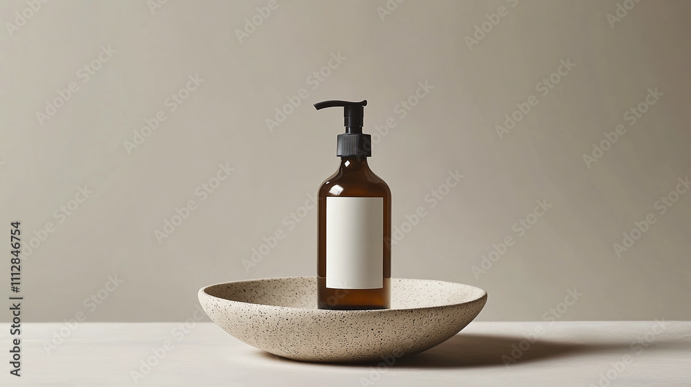 Brown Glass Bottle With Pump Sits on a Speckled Ceramic Dish Against a Neutral Background in a Serene Indoor Setting Brown Glass Bottle With Pump Sits on a Speckled Ceramic Dish Against a Neutral Background in a Serene Indoor Setting