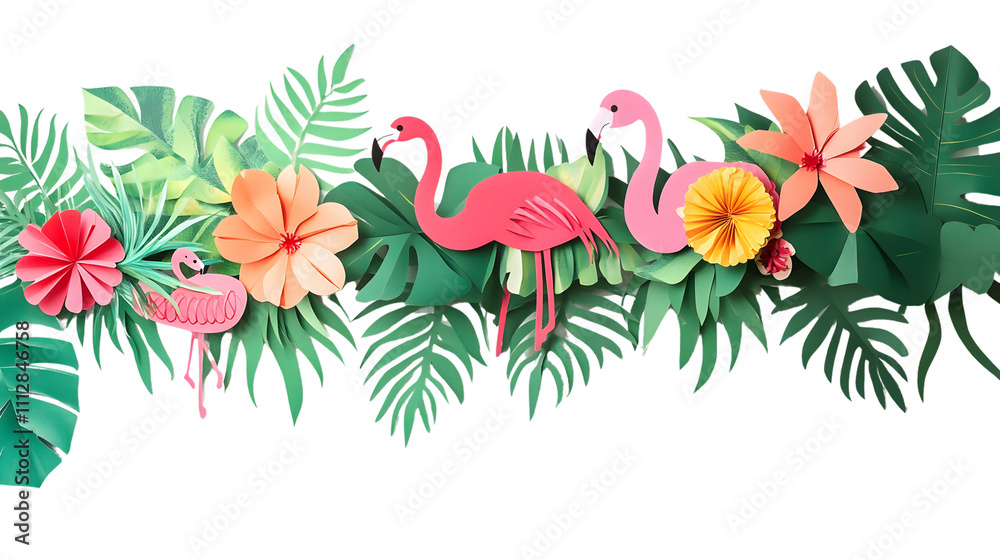 summer-themed garland made of paper cutouts of palm trees and flamingos, isolated on a white background summer-themed garland made of paper cutouts of palm trees and flamingos, isolated on a white background