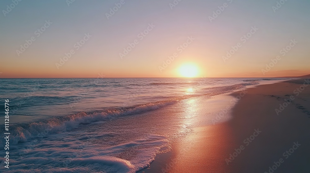 Serene sunset over a quiet beach with soft waves lapping at the shore Serene sunset over a quiet beach with soft waves lapping at the shore