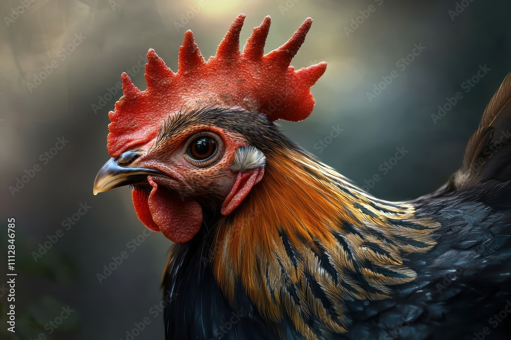 Fototapeta premium A Crested Polish Chicken with a fiery red crest, dark eyes, and a curved beak, captured in the crisp morning air with fine feather detailing.