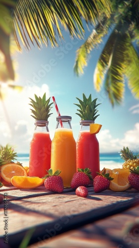 Refreshing tropical drinks on a beach with palm trees during sunset