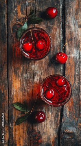 Refreshing cherry drinks served in clear glasses on rustic wooden table with ...