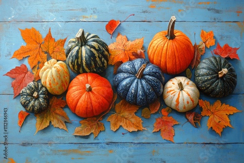 Colorful autumn pumpkins displayed on a rustic wooden shelf surrounded by vib...