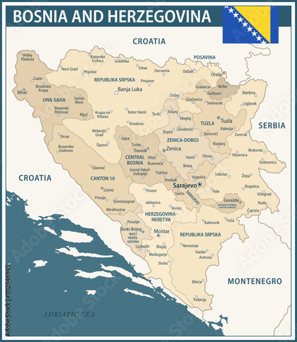 Bosnia and Herzegovina Map Vector Vintage Dark Blue Beige - Customizable layered political map of Bosnia and Herzegovina with administrative divisions for website, education, reports, news, politics