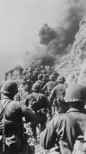 Vintage black and white photo of U.S. troops during World War II, showcasing soldiers in action, military uniforms, and historic battlefield moments from the 1940s photo