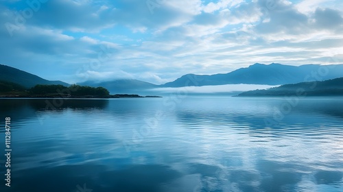 Serene lake reflecting mountains and sky at dawn.