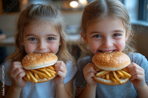 Two smiling children enjoy burgers and fries in a casual dining restaurant du...
