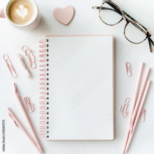 Workspace styled with pink stationery and coffee during a creative planning s...