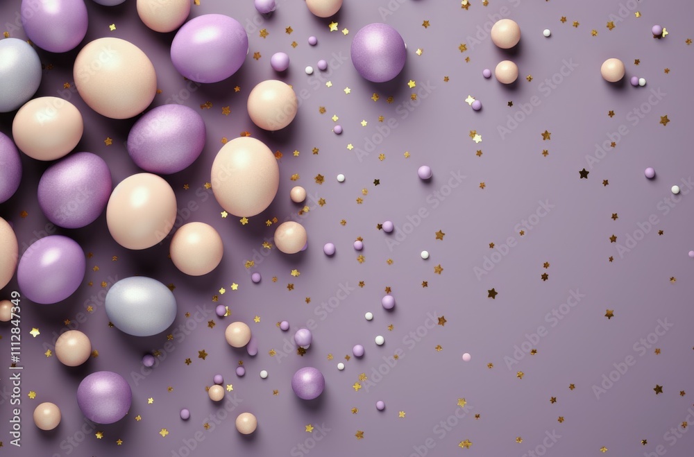 Pastel eggs and confetti on a light purple background for spring celebration Pastel eggs and confetti on a light purple background for spring celebration