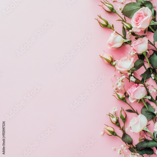 Beautiful arrangement of pink roses on soft pink background for elegant decor