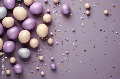 Pastel eggs and confetti on a light purple background for spring celebration