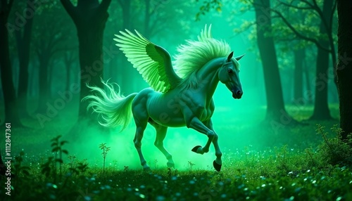 Majestic Winged Unicorn in Enchanted Green Forest Setting photo