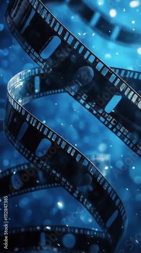 Film reels floating against a blue background showcasing light reflections an...