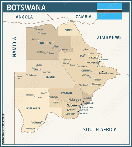 Botswana Map Vector Vintage Dark Blue Beige - Customizable layered political map of Botswana with administrative divisions for website, education, reports, news, politics, print, poster and wallpaper