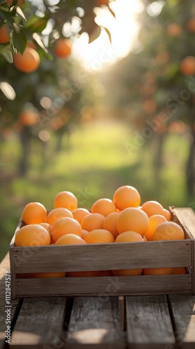 Sunset over an orange orchard with a wooden crate full of fresh oranges being...