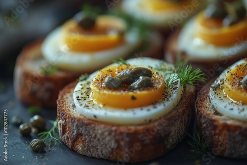Delicious egg and caper tartines served on whole grain bread for a healthy snack