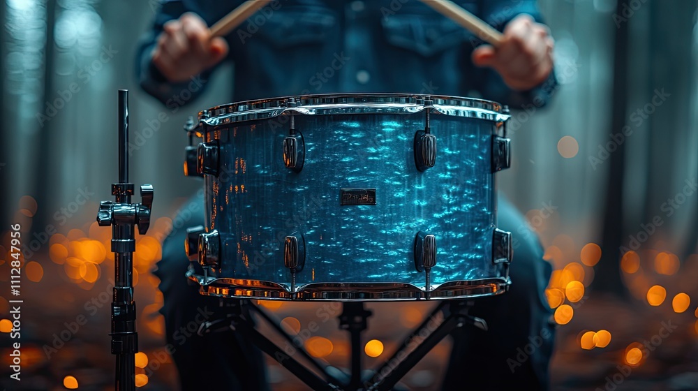Fototapeta premium using two drum sticks play the bass drum the drum is supported by two crossed legs and is upright on a black stand shades of blue and green are used to represent the drum body
