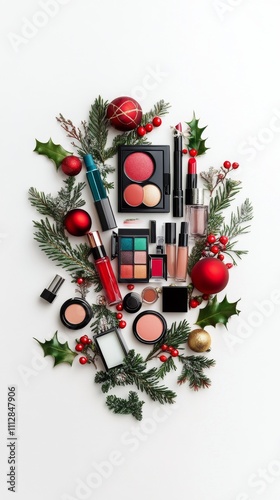 Vibrant makeup collection arranged with seasonal foliage and berries during f...