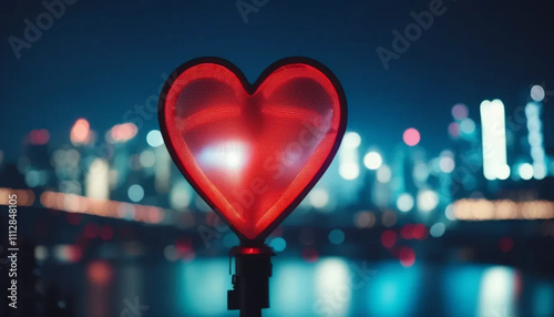 Red heart shaped traffic light with city in the background. 