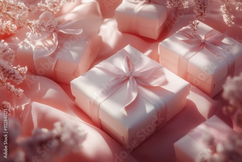 Beautifully wrapped gifts arranged in soft pink decor with gentle sunlight fi...