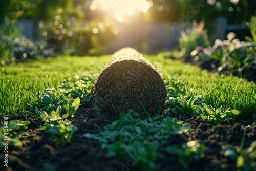 Laying fresh sod in a bright garden during golden hour sunshine