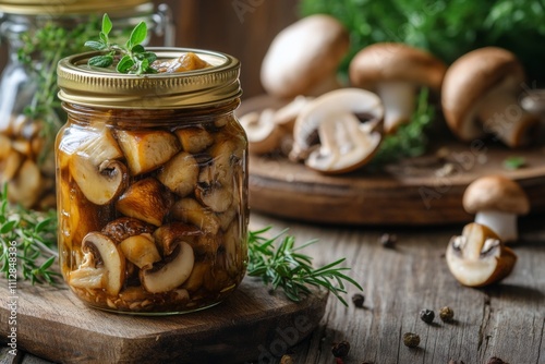 Mushrooms preserved in jars on wooden board garnished with herbs in rustic ki...