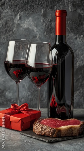 Romantic dinner with red wine and steak for a special occasion