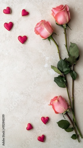 Pink roses and heart shaped candies create a romantic arrangement on a light ...