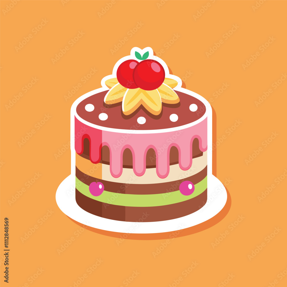 Tempting Round Cake With Colorful Frosting and Delicious Cherries