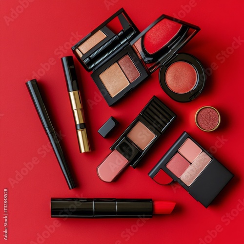 Makeup products arranged on a vibrant red background for a beauty presentation