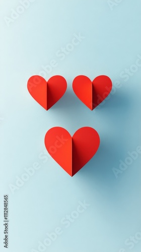 Three red paper hearts against a light blue background create a cheerful deco...