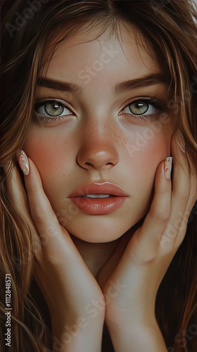 Stunning young woman with striking green eyes and natural makeup posing grace...
