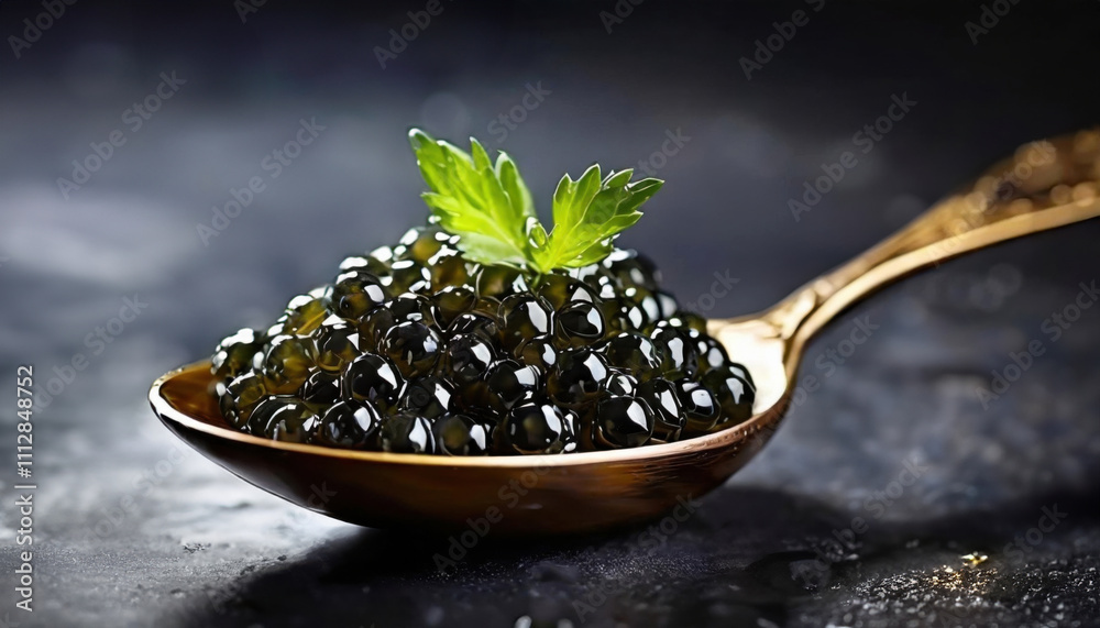 Spoon of black caviar with parsley leaf on dark elegant background Spoon of black caviar with parsley leaf on dark elegant background