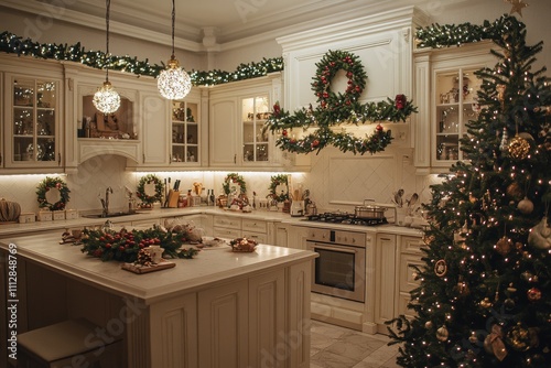 Festive Christmas kitchen with decorations and a beautifully lit tree