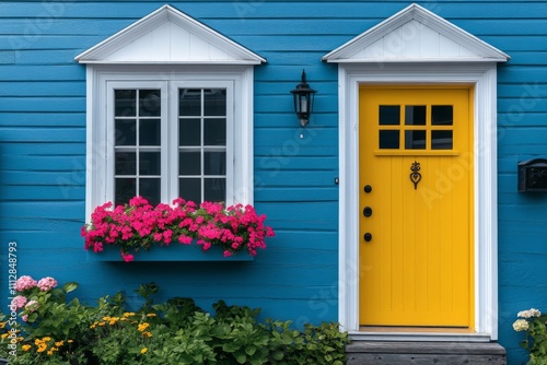 Bright yellow door framed by vibrant flowers on a blue house exterior