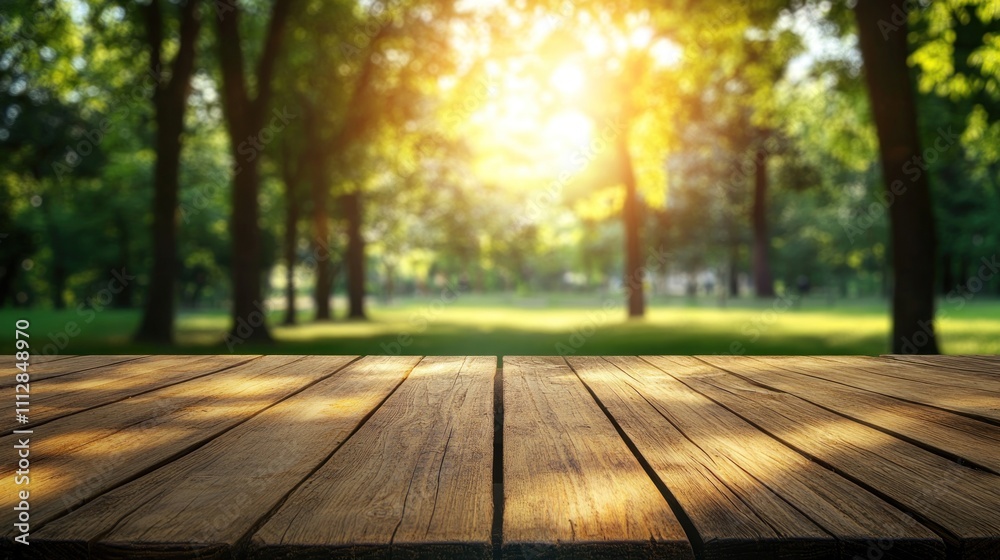 Fototapeta premium Wooden Table in a Sunny Summer Park: Perfect for Relaxation and Outdoor Activities