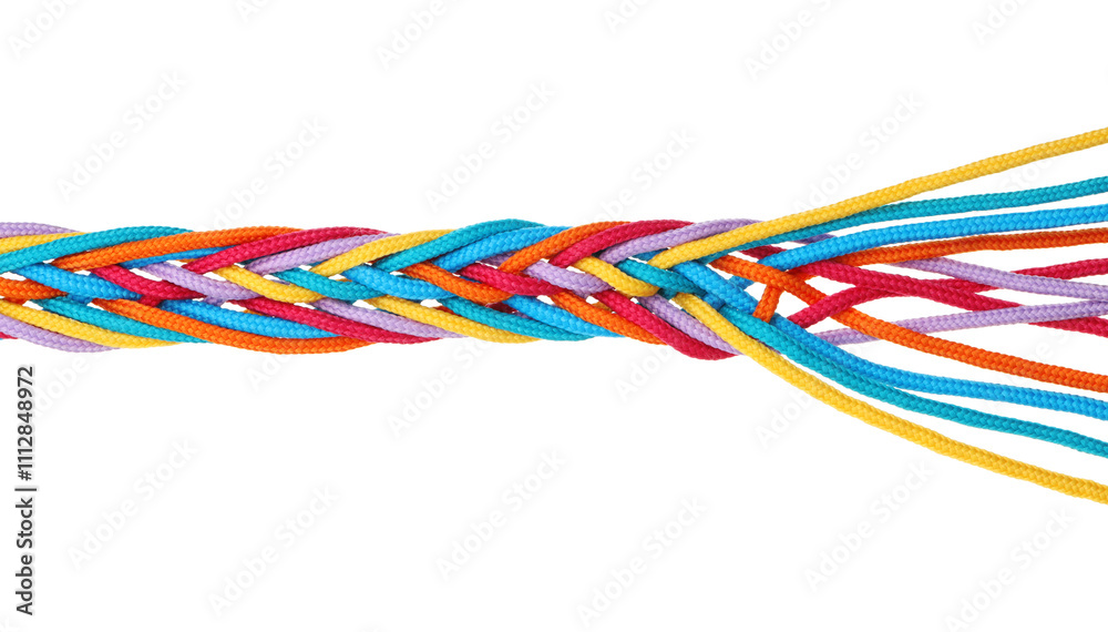 Colorful ropes tied together isolated on white, top view. Unity concept Colorful ropes tied together isolated on white, top view. Unity concept