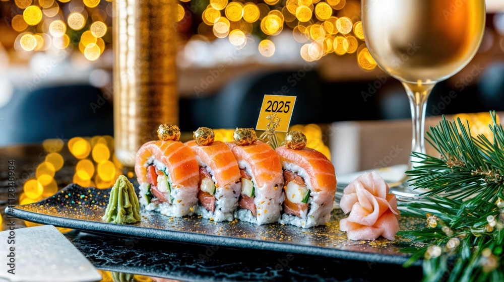 Festive sushi rolls with gold details and 2025 sign, luxurious New Year dining experience