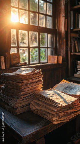 Sunlight streaming through a window illuminates newspapers on a wooden table