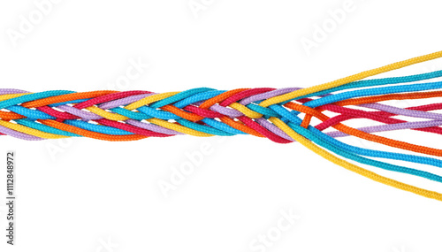 Colorful ropes tied together isolated on white, top view. Unity concept