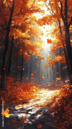 Beautiful autumn landscape with vibrant orange leaves in a tranquil setting