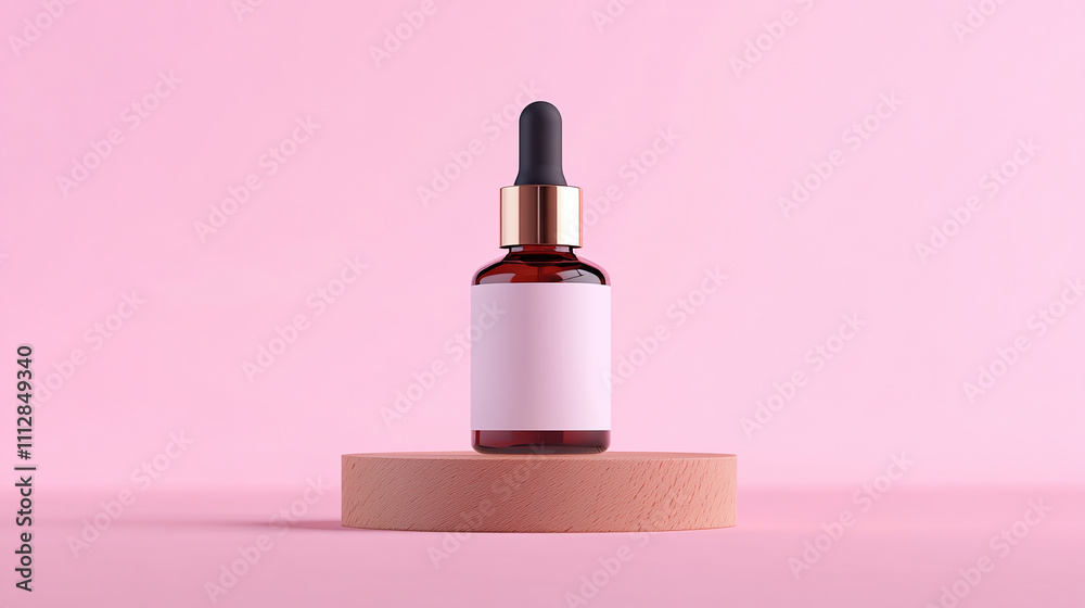 Brown Glass Dropper Bottle on a Round Wooden Platform With a Pink Background Highlighting the Minimalist Design Approach for Skincare Products Brown Glass Dropper Bottle on a Round Wooden Platform With a Pink Background Highlighting the Minimalist Design Approach for Skincare Products