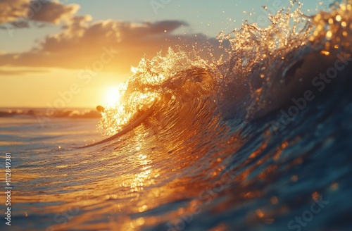 Waves crashing at sunset reflecting golden light on the ocean surface