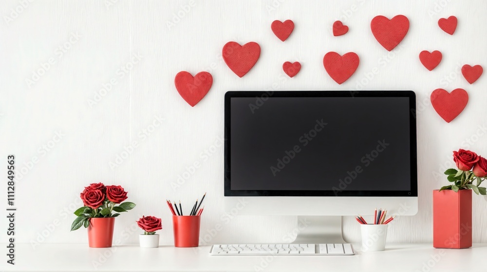 Valentine’s Day workspace with red hearts and roses, minimal romantic office setup